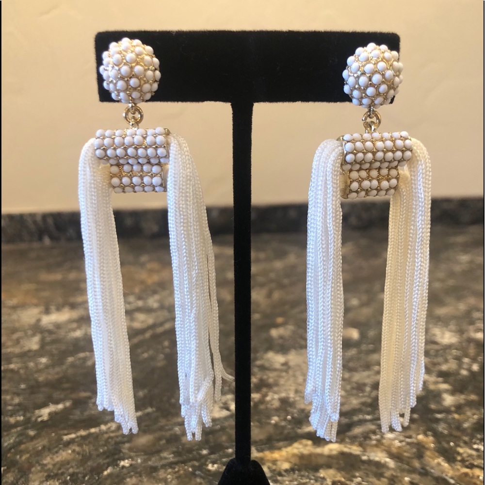 Long Bead Studded Fringe Earrings in White & Gold